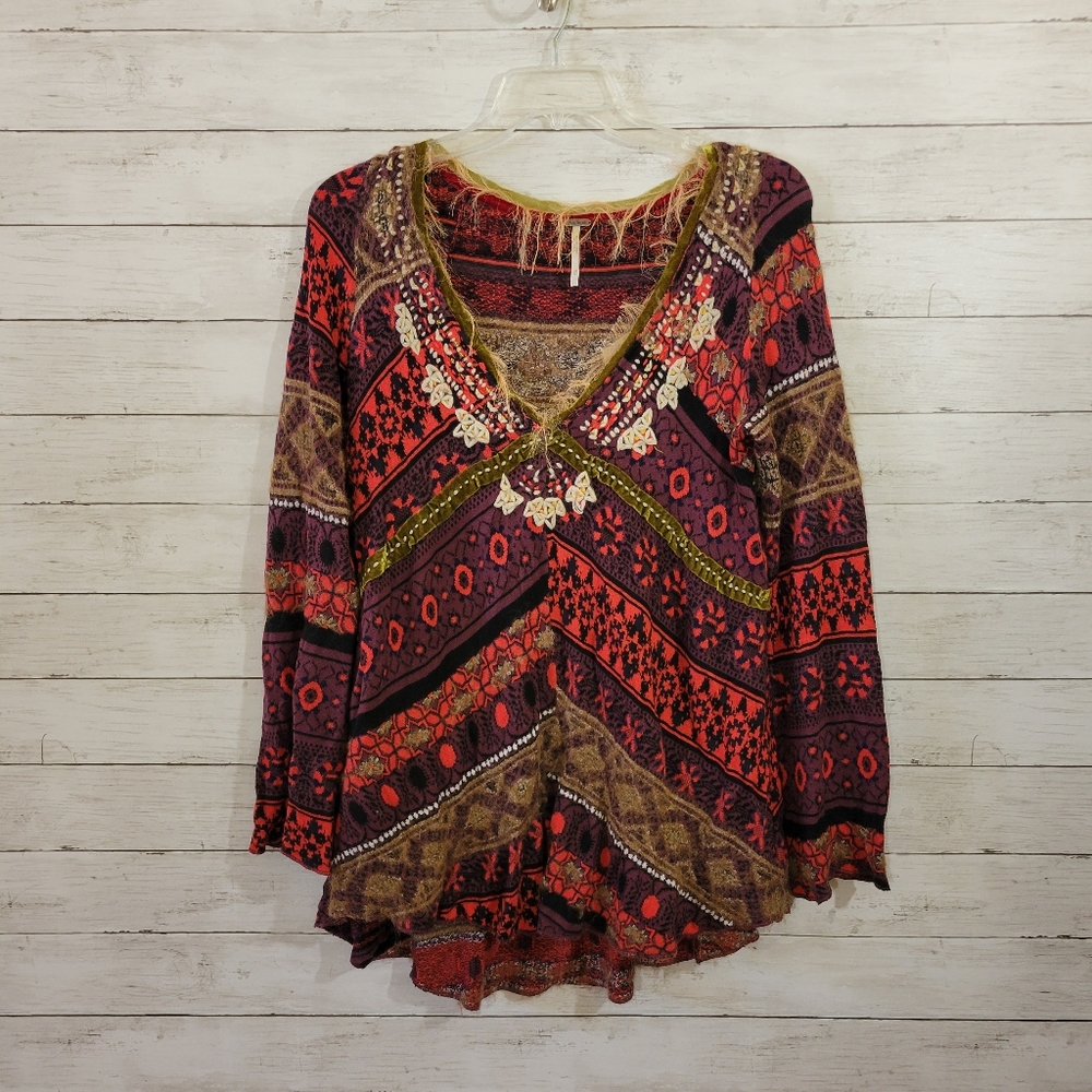 Free People World Traveler Alpaca Blend Embroidered Boho Pullover Sweater Knit M - Picture 2 of 11